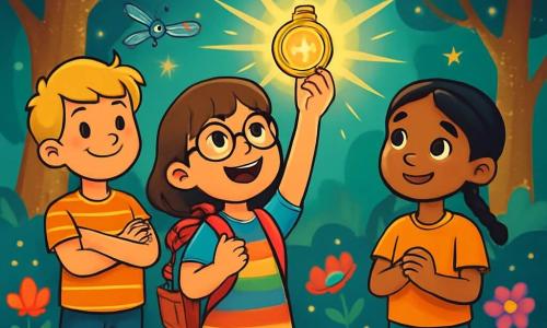 Es gibt drei Charaktere: Lea, ein 10-jähriges Mädchen mit braunen Haaren und runden Brillen, trägt ein buntes Kleid und einen Rucksack voller Bücher. Sie steht in der Mitte und hält ein leuchtendes Amulett, das hell strahlt. Tom, ein 11-jähriger Junge mit zerzausten blonden Haaren und einem gestreiften T-Shirt, steht links von Lea mit verschränkten Armen und einem selbstbewussten Lächeln. Mia, ein 9-jähriges Mädchen mit geflochtenen schwarzen Haaren und bequosen Hosen, steht rechts von Lea und schaut fasziniert auf das Amulett, mit einem leichten Lächeln auf ihrem Gesicht. Der Ort ist ein magisches Tal mit riesigen, glitzernden Bäumen und sternenförmigen Blättern. Bunte Blumen strahlen sanft, und Maschinen, die Libellen ähneln, fliegen um sie herum und schaffen eine märchenhafte Atmosphäre. Die Hauptsituation zeigt die Kinder, die die Kraft des Amuletts entdecken, das Lichtstrahlen aussendet und das Tal erhellt. Sie sind umgeben von fantastischen Kreaturen und technologischen Objekten, die die Verbindung zwischen Magie und Wissenschaft symbolisieren.