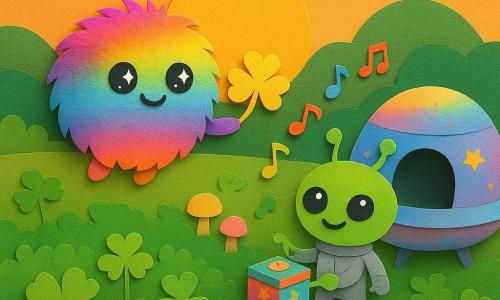 Fluffi, Hauptfigur: kleines rundes, flauschiges außerirdisches Wesen in Regenbogenfarben, sternenhelle Augen und warmes Lächeln, schwebt leicht über der Wiese und hält ein goldenes vierblättriges Kleeblatt; Zappy, Nebenfigur: kleiner grüner Alien mit zwei welligen Antennen und silbernem Anzug, schelmisches Lächeln, zieht aus einem mini-runden Schiff hinter ihm eine bunte Spieluhr; Die Wiese: weites Feld heller grüner Kleeblätter, geschichtete weiche Gräser, zentrale Lichtung umgeben von pastellrunden Pilzen und funkelnden Steinen; Das Schiff: kleines rundes irisierendes Schiff mit offener Tür und Sternmotiven rechts in der Szene; Stimmung: freudiger Sonnenuntergang, goldenes Licht lässt das Kleeblatt glänzen, Musik als kleine bunte Noten in der Luft sichtbar, klare einfache Komposition, kräftige kontrastreiche Farben, scharfe Papier-Cutout-Texturen und sichtbare Scherenkanten.