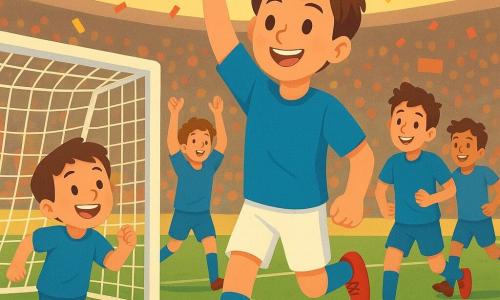 Ein rundes Gesicht, breites Lächeln und funkelnde Augen: Max läuft links vom Tor mit erhobenem Faustjubel, daneben strahlt Tim, etwa 12 Jahre, zuvor den Ball ins Netz geschossen und Tim lächelt Max an; zwei teenagere Mitspieler, der eine klatscht, der andere läuft lachend hinter Tim her; großes Stadion mit leuchtend grünem Rasen, weißen Tornetzen, vollen Tribünen aus bunten Silhouetten und Fahnen, spätes Nachmittagslicht in goldenem Ton und rote sowie gelbe Konfetti in der Luft — Hauptszene: Tor erzielt, Ball im Netz, festliche und dynamische Stimmung.