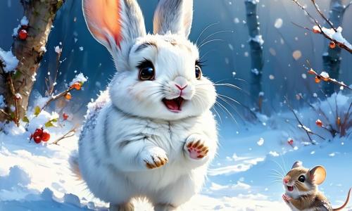 Ein kleiner Hase namens Felix mit weichem, schneeweißem Fell, großen aufmerksamen Ohren und funkelnden neugierigen Augen hüpft fröhlich in einer Winterlandschaft mit einem breiten Lächeln im Gesicht. Neben ihm schaut eine kleine Maus namens Mia mit braunem Fell und glänzenden Augen begeistert zu Felix, ihre kleinen Pfoten erhoben, als wäre sie bereit zu springen. Die Szenerie ist ein verschneites Dorf mit Holzhäusern, deren Dächer mit Schnee bedeckt sind, Tannenbäumen, die mit Lichtern geschmückt sind, und einem hellblauen Himmel, der mit flauschigen weißen Wolken durchzogen ist. Die Szene zeigt Felix und Mia, die auf dem Weihnachtsmarkt Spaß haben, umgeben von bunten Ständen, während die Kinder des Dorfes Schneemänner bauen und fröhlich lachen, während sanft Schneeflocken um sie herum fallen.