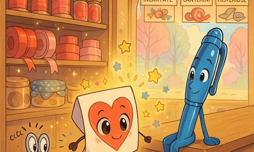 Un piccolo Bigliettino Rosso animato, piegato di cartoncino con un grande cuore sul davanti, occhi lucenti e sorriso timido, leggermente stropicciato a un angolo, avanza saltellando sul bancone; accanto, una Penna Blu antropomorfa, sottile e lucente con il cappuccio a forma di cappello, veglia su di lui; una coppia di piccole Forbicine argentate, goffe e curiose, osserva la scena. Siamo in una cartoleria colorata del Bosco delle Pennellate, scaffali in legno con nastri rosati, barattoli di glitter dorati e timbri macchiati, luce calda e polvere di glitter nell'aria. È la mattina di San Valentino: il Bigliettino è appena scivolato dal cassetto e esita davanti a tre corsie — dolci incartati, nastri cantanti, buste misteriose — mentre coriandoli a forma di stella turbinano attorno, atmosfera gioiosa e speranzosa.