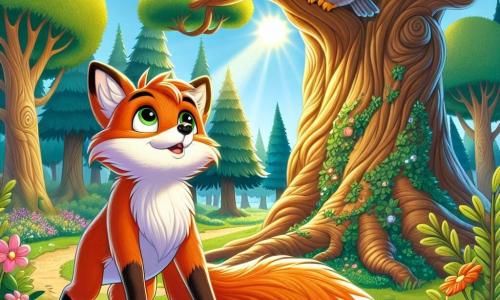 Un volpe di nome Fiocco, con un pelo arancione brillante e occhi pieni di curiosità, si trova ai piedi di un grande albero antico, con un'espressione che mescola meraviglia e determinazione. Guarda in alto, dove un vecchio gufo saggio, con piume grigie e occhi rotondi, lo osserva attentamente da un ramo, pronto a rivelargli un segreto. Il contesto è un magnifico bosco incantato, pieno di alberi maestosi con tronchi nodosi, fiori colorati che danzano al vento e un dolce raggio di sole che filtra tra il fogliame, creando un'atmosfera magica. La situazione principale mostra Fiocco, il volpe, pronto ad ascoltare i consigli del gufo per scoprire il segreto dell'Albero delle Leggende, un momento chiave della sua avventura.