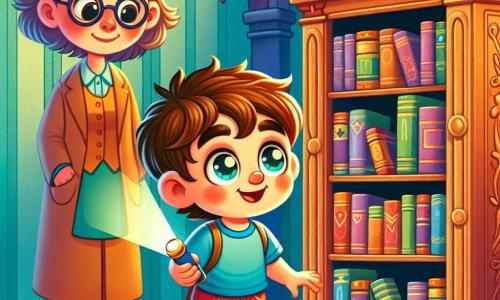 Sześcioletni chłopiec Kacper z rozczochranymi brązowymi włosami i błyszczącymi od ciekawości oczami stoi przed starą drewnianą biblioteką, a jego twarz promienieje ekscytacją i zachwytem. Ma na sobie niebieską koszulkę i czerwone szorty, trzyma w ręku małą latarkę. Obok niego stoi jego troskliwa mama, około 30-letnia, z brązowymi włosami i okrągłymi okularami, z życzliwym uśmiechem obserwując syna, lekko w cieniu pomieszczenia. Pokój dziecięcy jest ciepły, z pastelowo żółtymi ścianami, pełen kolorowych zabawek rozsypanych po podłodze i błyszczących książek na półkach. Biblioteka, imponująca i stara, ozdobiona delikatnymi wzorami, emanuje aurą tajemnicy. Główna sytuacja pokazuje Kacpra odkrywającego małe tajne drzwi za jedną z książek, jego oczy rozświetlają się zaskoczeniem, gdy zamierza je otworzyć, odsłaniając ciemny i intrygujący korytarz, który wydaje się obiecywać niesamowitą przygodę.