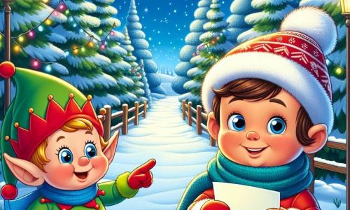 Un niño de 5 años, Lucas, con mejillas rosadas y ojos brillantes de emoción, se encuentra en medio de un bosque nevado. Lleva un traje rojo brillante, una bufanda azul y un gorro de lana, sosteniendo una carta de papel colorido en sus pequeñas manos. A su lado, un elfo llamado Elfi, con orejas puntiagudas, un sombrero rojo y una túnica verde, sonríe alegremente mientras señala un camino mágico flanqueado de abetos brillantes. Al fondo, árboles majestuosos están cubiertos de nieve brillante, y copos de nieve caen suavemente del cielo azul claro. La escena transmite un ambiente festivo y cálido, ilustrando el momento en que Lucas descubre el camino hacia el Polo Norte para entregar su carta a Papá Noel.
