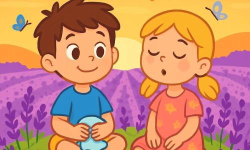 Hay 2 personajes principales: Lucas, un niño de 6 años con cabello castaño desordenado y ojos brillantes, vestido con una camiseta azul y un short amarillo, sentado en la hierba con una mantita suave sobre las rodillas y una sonrisa serena; y Sofía, una niña de 5 años con cabello largo y rubio en dos coletas, vestida con un vestido rosa con flores, sentada al lado de Lucas, con los ojos cerrados y una expresión pacífica. El escenario es un amplio campo de lavanda con filas de flores moradas bajo un cielo dorado al atardecer, lleno de fragancia y mariposas de colores. La situación principal muestra a Lucas y Sofía sentados juntos en la hierba, respirando calmadamente como tortugas, rodeados de lavanda, con rayos de sol dorados iluminando sus rostros, creando una atmósfera de paz y serenidad.