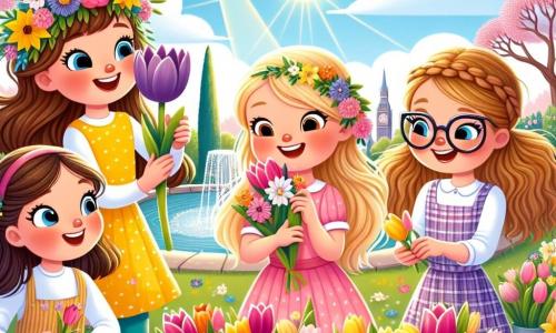In een bloeiende tuin staan vier tienermeisjes samen, omringd door kleurrijke bloemen. Lisa, in een stralende gele jurk met een bloemenkrans op haar hoofd, glimlacht vrolijk terwijl ze een grote paarse bloem vasthoudt. Links van haar bewondert Emma, met bruin krullend haar en een roze jurk, een mooie tulp. Rechts is Sophie, met lange blonde gevlochten haren, bezig met het verzamelen van bloemblaadjes, terwijl Noor, met een bril en kastanjebruin haar in een paardenstaart, een natuurkaart laat zien.

Het park is helder en levendig, vol tulpen, narcissen en bloeiende bomen, onder een heldere blauwe lucht met donzige witte wolken. De zonnestralen verlichten het landschap en creëren een vrolijke, lentachtige sfeer.

De meisjes organiseren een lentefestival, lachen en spelen samen terwijl ze hun tafel versieren met geplukte bloemen, klaar om de schoonheid van de natuur te vieren.
