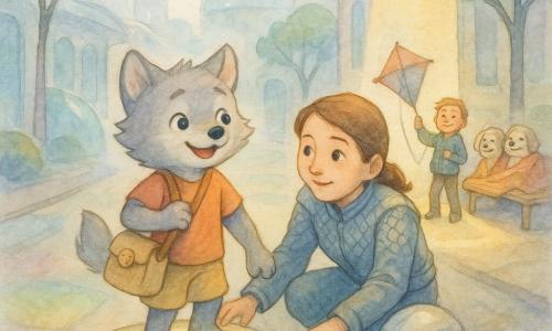 Main character: Milo, an 8-year-old anthropomorphic gray wolf with round ears and bright, smiling eyes, standing on a small glowing grav-platform holding a canvas satchel with a visible biscuit, joyful and curious; secondary: Lia, a friendly human patrol officer with a silver-trimmed jacket and decorative scales, helmet beside her, crouched guiding the platform with a kind, attentive expression; secondary 2: a relieved, happy child holding a wet kite near a bench where two old dogs wrapped in blankets smile under a warm rectangular beam of sunlight; setting: a soft futuristic urban street with smooth glass domes, tree leaves like translucent glass panels, subtly changing interactive sidewalks and silver mist low to the ground; scene: Milo learning to patrol as Lia guides him along an alley of pastel watercolor tones, foggy silver contrasts and warm sun patches.