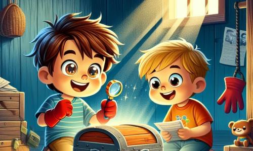 Um garoto de 8 anos, Lucas, com cabelos castanhos bagunçados e olhos brilhantes de curiosidade, está no centro da imagem, segurando uma lupa de brinquedo em uma mão e uma luva vermelha na outra, exibindo um largo sorriso de empolgação. Ao lado dele está Tomás, também um garoto de 8 anos, com cabelos loiros e uma camiseta colorida, que observa o cofre antigo com olhos arregalados, demonstrando seu entusiasmo pela aventura. A cena ocorre no velho alpendre de uma casa azul, com paredes de madeira e janelas com persianas, cercada por brinquedos empoeirados e velhas caixas. Raios de luz filtram através de uma pequena janela, iluminando o cofre misterioso no centro do cômodo. Lucas e Tomás estão abrindo um cofre antigo, descobrindo cartas e fotos de família, com os rostos iluminados pela descoberta de um tesouro escondido, simbolizando a empolgação e a amizade em sua busca por aventura.