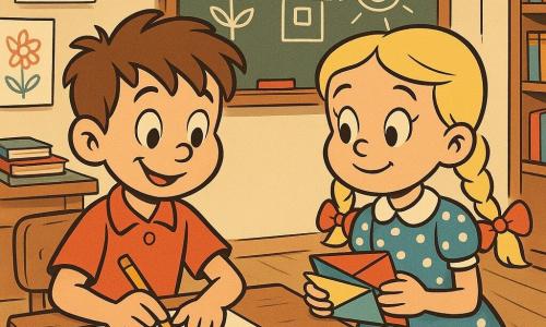 Dziesięcioletni chłopiec o imieniu Olek, z potarganymi brązowymi włosami i ciekawymi oczami, siedzi przy drewnianym biurku. Ma delikatny uśmiech i trzyma ołówek w prawej ręce, rysując most na kartce papieru. Obok niego stoi dziewięciolatka z blond warkoczami i sukienką w kropki, patrząc z zainteresowaniem na rysunek i trzymając stos kolorowych listów. Klasa jest jasna, z ścianami pokrytymi rysunkami dzieci oraz półkami pełnymi książek i przyborów szkolnych. Na tablicy z tyłu widnieją słowa napisane białą kredą. Główna sytuacja pokazuje Olka i jego kolegów z klasy tworzących listy i rysunki dla dzieci z innego kraju, symbolizując nadzieję i przyjaźń poprzez proste, ale znaczące gesty.