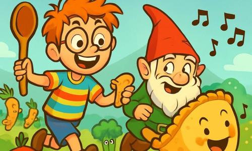 A 10-year-old boy, Ollie Bumblesnuff, with messy hair and round glasses, has a big excited smile. He wears a colorful striped shirt and denim shorts, holding a large wooden spoon in one hand. Next to him is a gnome named Bumblewort, about 50 years old, with a bushy beard and a pointed hat, looking at Ollie mischievously while holding a sandwich in the other hand. They are in the Valley of Very Strange Vegetables, where carrots jump like kangaroos and tomatoes juggle onions. The sky is bright blue with candy-shaped clouds. The main scene shows Ollie and Bumblewort chasing a giant singing cheese pie that leaves a trail of sparkling crumbs, while a group of curious vegetables watches them with amused expressions.