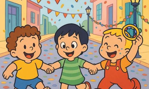 Há 3 personagens: Tico, menino de 2 anos, cabelos castanhos encaracolados, bochechas redondas e sorriso largo, veste camiseta amarela e short azul, à esquerda segurando a mão de Bino; Bino, menino de 2 anos, cabelos lisos pretos e olhos brilhantes, veste um vestido leve às riscas verdes e sandálias vermelhas, ao centro segurando as mãos de Tico e Léo; Léo, menino de 2 anos, cabelo loiro cortado curto, confetes nas bochechas, veste jardineira vermelha, à direita levantando um pandeiro colorido. Local: rua de carnaval ensolarada com paralelepípedos coloridos, fachadas em tons pastéis, bandeirolas vermelhas e amarelas, confetes multicoloridos no ar, postes com guirlandas e uma pequena poça brilhante refletindo os festões. Situação: os três dançam de mãos dadas no meio da rua, passos pequenos e alegres, confetes caindo e uma máscara dourada brilhando no chão perto dos pés.
