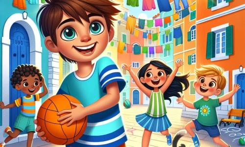 An 8-year-old boy, Sami, with brown hair and sparkling eyes, stands in the center of the scene, smiling with wonder. He wears a blue t-shirt and orange shorts, holding an orange balloon in his hands. Next to him, a 9-year-old girl, Lila, with braided black hair and a green scarf, laughs joyfully while holding another balloon. An 8-year-old boy, Ben, with freckles and blond hair, is running towards them with open arms, ready to play. The scene takes place in a lively courtyard surrounded by tall buildings with colorful facades, with clothes hanging that flutter in the wind. Children are playing on the ground, colorful chalk drawings adorn the concrete, and a lazy cat sits on a wall. Sami, Lila, and Ben are playing together, laughing and tossing the balloon, creating an atmosphere of joy and friendship. Sun rays illuminate their faces, reflecting the diversity and harmony of their new community.