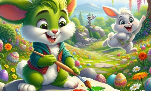 Pippin, a small character with bright green fur, large floppy ears, and a curious nose, is painting colorful Easter eggs on a large flat stone in his sunny garden. He has a big smile on his face, overflowing with excitement and creativity. Next to him, Bella, an adorable little bunny with snow-white fur, joyfully hops around, her eyes sparkling with happiness, holding a paintbrush in her tiny paws. The garden is filled with colorful flowers dancing in the breeze, with trees laden with blossoms, creating a magical atmosphere. The scene shows Pippin and Bella surrounded by decorated eggs splashed with paint as they prepare for an egg hunt full of surprises and laughter.