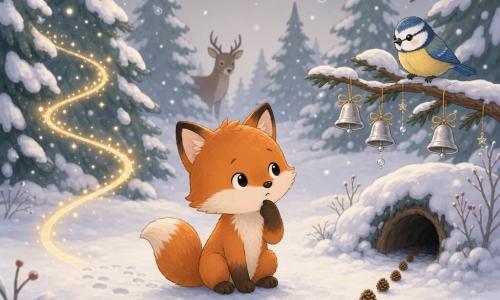 A young red fox with soft fur and curious round eyes sits in moonlit snow sniffing a neat line of pinecones while a cheerful blue-and-yellow tit perches on a low branch to the right and a calm brown deer silhouette watches from behind pines to the left; a golden ribbon of light between two trees and a garland of small silver bells hang on a branch, the scene centered and peaceful with warm tones on the fox and gold and silver holiday accents in a snowy pine forest under a pearl-gray sky with light spiral flakes.