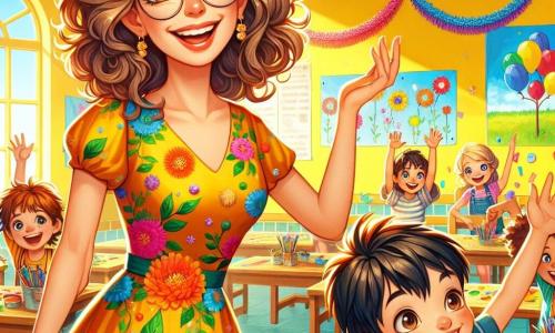 Miss Lily, a cheerful teacher in her thirties, wears a colorful floral dress and a bright smile. Her curly, warm brown hair frames her enthusiastic face as she stands in the center of the classroom with open arms, ready to welcome her students. Max, an 8-year-old boy with round glasses and messy brown hair, is hanging colorful garlands from the ceiling, his face lit up with excitement. Mia, a 7-year-old girl with long braided blonde hair, is painting a large mural on the wall, her eyes sparkling with creativity. Sam, a curious 8-year-old boy with smooth black hair, raises his hand with a big smile, ready to ask a question. The scene takes place in a bright classroom filled with vibrant colors: yellow-painted walls, children's drawings on posters, and wooden tables laden with art supplies. Balloons float from the ceiling, adding a festive touch to the atmosphere. The main situation shows Miss Lily and her students preparing for a big end-of-year party, surrounded by colorful decorations and a spirit of camaraderie, all united in joy and anticipation to celebrate their school year together.