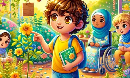 A 12-year-old boy with curly brown hair and sparkling curious eyes stands in the center of a vibrant garden. He wears a bright yellow t-shirt and denim shorts, displaying an enthusiastic smile and a look of wonder. He holds a small notebook in one hand while pointing to a colorful plant with the other. Next to him, an 11-year-old girl in a blue hijab and brown eyes observes a wooden label attached to a plant. She has a gentle smile and wears a light floral-patterned dress. A 12-year-old boy in a wheelchair with blonde hair and glasses sits nearby on a bench, holding an illustrated book and listening attentively. The garden is filled with multicolored flowers, small lanterns hanging from tree branches, and a soft golden light from the setting sun. Gravel paths wind between the plants, and children gather around a wooden table where plant labels are hung. The scene captures a moment of children sharing stories and experiences, surrounded by the beauty of the garden, creating a sense of community and diversity.