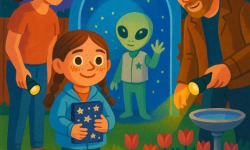 An 8-year-old girl, Mina, stands in the foreground, wide-eyed and cautious with a round freckled face, brown hair in two braids, wearing a light blue jacket and sneakers, clutching a dark blue notebook covered in sparkling silver star stickers; slightly behind her to the left a calm attentive woman (mother, ~35) with chestnut hair in a ponytail watches the glowing door with a flashlight on her belt, and to the right a amused protective man (father, ~37) with a short beard leans toward Mina smiling and holding a small torch; at center-rear a childlike alien named Orbi appears in a circular blue light doorway over the lawn—pale green skin, large marbled eyes, small stature, silver vest with a sewn star, raising a three-fingered hand in a shy greeting as tiny light particles dance around the threshold; the setting is a family garden at dusk with soft green grass, terracotta pots by a wooden fence, beds of tulips, a silver birdbath reflecting light, and a violet-blue sky with early stars; the scene feels gentle, curious, and slightly magical, centered on Mina and the glowing door with protective parents in the background.