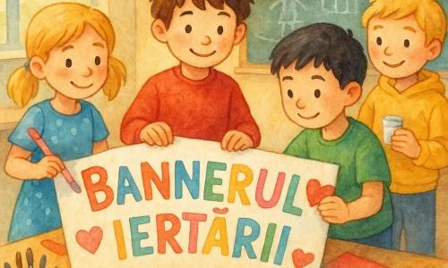 Sunt 4 copii: Andrei, băiat de 8 ani cu păr brun și pulover roșu, ține o foaie mare cu litere colorate, în centru. Mara, fată de 8 ani cu păr blond în două codițe și rochie albastră cu buline, ține o pensulă roz, stă în stânga lui Andrei. Răzvan, băiat de 8 ani cu păr negru și tricou verde, lipește inimi roșii pe foaie, în dreapta lui Andrei. Mihai, băiat de 8 ani cu păr șaten deschis și hanorac galben, ține un tub de lipici și zâmbește, în spatele lui Andrei. Locul este o sală de clasă luminoasă cu ferestre mari și mese acoperite cu materiale de artă. Pe fundal, un tablou negru cu desene de copii. Copiii colaborează vesel pentru a crea un banner mare și colorat intitulat "Bannerul iertării", simbolizând prietenia și creativitatea.