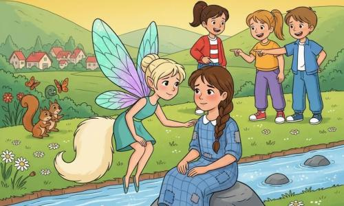 Main character: Zephyra, a small fairy with iridescent turquoise-and-violet wings and a creamy fluffy tail, gentle determined expression, perched on a rock leaning toward an 8–10-year-old girl named Mia to comfort her; Mia: brown hair in a loose braid, patched blue plaid dress, tear-streaked face beginning to smile, sitting by a shimmering stream; three older children in colorful modern clothes stand a few meters back on the grass, pointing and mocking; nearby butterflies and a brown squirrel watch among wildflowers; setting: sunny meadow by the stream with green grass dotted with daisies and poppies, emerald hills and red-roofed village houses on the horizon; scene: a soothing confrontation as Zephyra comforts Mia in warm afternoon light while the distant group laughs, creating an emotional contrast between the warm duo and the cold, mocking group.