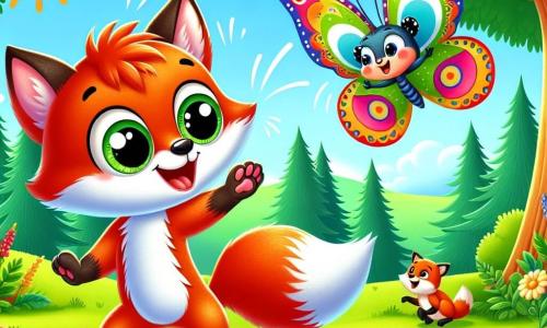 Un pequeño zorro de pelaje rojo brillante, con grandes ojos brillantes y una sonrisa alegre, baila con entusiasmo en un prado verde, con las patas levantadas en el aire. A su lado, una hermosa mariposa con alas coloridas y patrones brillantes sonríe amablemente mientras le muestra algunos pasos de baile, flotando con gracia en el aire. El prado está lleno de flores coloridas y árboles majestuosos, bajo un cielo azul salpicado de nubes blancas y esponjosas. Zorrito, lleno de energía, intenta reproducir los movimientos de la mariposa, con sus ojos chispeantes de determinación y alegría, mientras que los otros animales, ocultos detrás de los arbustos, los observan con admiración.
