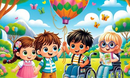 Em um grande jardim verdejante, quatro amigos estão reunidos. Tomás, um garoto de 8 anos com cabelos castanhos bagunçados e um sorriso radiante, está no centro segurando as cordas de um balão colorido. À sua direita, Maria, uma menina de 7 anos com cabelos loiros trançados e vestindo um vestido rosa, levanta os braços animadamente. À esquerda, João, um garoto de 8 anos com óculos e cabelos negros, está inclinado para amarrar as cordas do balão, concentrado em sua tarefa. Por fim, Luísa, uma menina de 7 anos com cabelos castanhos e uma cadeira de rodas decorada com adesivos coloridos, sorri alegremente segurando um mapa, pronta para guiar seus amigos. O jardim está repleto de flores vibrantes, árvores majestosas e um céu azul claro com algumas nuvens brancas. Ao fundo, vê-se um pequeno lago brilhante sob o sol. Os quatro amigos estão prestes a decolar em seu balão caseiro, flutuando suavemente acima do jardim, prontos para viver uma grande aventura juntos.