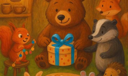Bram de grote bruine beer, hoofdpersonage, zit in het midden, glimlachend en ontroerd, met zachte ogen en pooten op zijn knieën terwijl hij voorzichtig een ronde cadeaudoos met blauw inpakpapier en strik opent; Noor het rode eekhoorntje zit links op een krukje, opgewonden en springerig met een slinger in de hand; Daan de grijs-zwarte das staat rechts, breed en geruststellend, houdt de doos vast met een trotse, vriendelijke uitdrukking; Lila het beige konijn hurkt bij de tafel, oren rechtop, glimlachend met een mandje wortels; Pip het kleine grijze muisje staat voor de doos, minuscuul met een grote roze strik, wijst trots naar een verjaardagskaart; Eef het stekelvarken staat iets op de achtergrond, verlegen maar opgelucht, houdt een hoek van de stof die de doos bedekte; Fons de rode vos staat bij de deur, beschaamd maar blij met een zakje glitter; de scène speelt in een knus burchtachtig boshol met warme houten muren, groen moskleed, plankjes met aardewerken kopjes en zacht licht uit een glazen lamp die sterren op het plafond werpt; op de ronde houten tafel liggen warme koekjes, glazen aardbeienlimonade en kleurige slingers; hoofdmoment: gezamenlijk openen van een verjaardagscadeau met een warme, feestelijke sfeer van verrassing, vriendelijkheid en vergeving, warme kleuren, zichtbare texturen (vacht, hout, stof, gekreukeld papier) in een kinderlijke acrylverfschilderstijl met zachte lijnen en licht vage contouren.