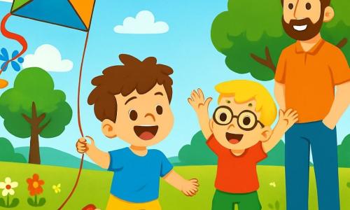 Ein kleiner Junge von 4 Jahren, Max, mit unordentlichen kastanienbraunen Haaren und einem großen, stolzen Lächeln, läuft in einem grünen Park und hält fest an einer langen Schnur, die in den Himmel aufsteigt. Er trägt ein leuchtend blaues T-Shirt und gelbe Shorts, seine Augen strahlen vor Aufregung. Neben ihm ermutigt sein Freund Leo, ein 5-jähriger Junge mit blonden Haaren und runden Brillen, ihn mit erhobenen Armen, sein Gesicht von einem begeisterten Lächeln erhellt. Leo trägt ein rotes T-Shirt und grüne Shorts. Der Park ist voller bunter Blumen, majestätischer Bäume und einer sanften Brise, die die Blätter tanzen lässt. In der Ferne ist ein strahlend blauer Himmel mit flauschigen weißen Wolken. Die Hauptsituation zeigt Max, der vor Freude strahlt, während er seinen Drachen im Wind fliegen lässt, während Leo applaudiert und Papa sie stolz beobachtet.