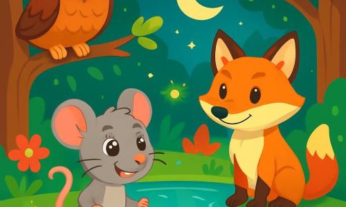 Un pequeño ratón llamado Ramiro, con un suave pelaje gris y ojos brillantes como estrellas, se encuentra valientemente al borde de un estanque resplandeciente, mostrando una alegre determinación. A su lado, un astuto zorro de pelaje naranja y cola esponjosa observa atentamente, listo para ayudar a su amigo. Un gran búho sabio, posado en una rama, con plumas marrones y ojos grandes y penetrantes, observa la escena con curiosidad benevolente. El lugar es un hermoso bosque encantado, donde majestuosos árboles de hojas verdes brillantes se elevan hacia el cielo y flores coloridas salpican el suelo, creando una atmósfera mágica. El estanque, en el centro de la escena, refleja la luz de la luna con ondulaciones brillantes, mientras luciérnagas bailan alrededor, añadiendo un toque de fantasía. La situación principal muestra a Ramiro y sus amigos uniendo fuerzas para salvar el corazón del bosque, decididos a restaurar la magia del estanque, con expresiones de valentía y amistad en sus rostros.
