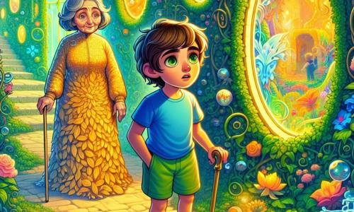 Un niño de 10 años, Tomás, con cabello castaño desordenado y ojos llenos de curiosidad, se encuentra en el centro de un jardín misterioso. Lleva una camiseta azul y un pantalón corto verde, y su rostro expresa asombro con una ligera sonrisa y cejas levantadas. A su lado, una anciana de unos 70 años, vestida con un vestido de hojas doradas, sonríe suavemente mientras sostiene un bastón adornado con flores. El jardín es exuberante, rodeado de altos muros cubiertos de hiedra, con caminos sinuosos bordeados de espejos de formas extrañas que reflejan paisajes coloridos y destellos de luz. En el centro, una fuente brillante emite un suave murmullo de agua. Tomás, intrigado, se encuentra frente a un espejo en forma de gota, contemplando su reflejo que parece cambiar, mientras la anciana le hace una pregunta enigmática sobre su búsqueda de la verdad.