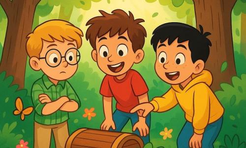 Hay 3 personajes: - Lucas: un niño de 8 años, con cabello castaño desordenado y ojos llenos de curiosidad. Lleva una camiseta roja y un pantalón corto azul. Está en el centro, sonriendo, mirando a sus amigos con entusiasmo. - Tomás: un niño de 7 años, con cabello rubio y gafas redondas. Viste una camisa de cuadros verdes y un pantalón beige. Está a la izquierda de Lucas, con los brazos cruzados, luciendo pensativo e intrigado. - Mateo: un niño de 8 años, con cabello negro y pecas en la nariz. Lleva un sudadera amarilla y jeans. Está a la derecha de Lucas, señalando un arbusto con una mirada maravillada. El lugar es un hermoso bosque verde, con grandes árboles de troncos gruesos que se elevan hacia el cielo. Rayos de sol atraviesan las hojas, creando manchas de luz en el suelo cubierto de hojas secas y flores coloridas. En el centro de la escena, un arbusto frondoso oculta un pequeño cofre de madera, rodeado de flores silvestres y mariposas revoloteando alegremente. La situación principal de la historia muestra a los tres amigos descubriendo el cofre misterioso. Están inclinados hacia adelante, con los ojos abiertos de sorpresa, mientras una suave brisa hace danzar las hojas a su alrededor.