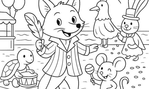 Ein kleiner roter Fuchs (anthropomorph) lächelnd und stolz, mit lebhaften Augen und feinen Schnurrhaaren, trägt einen gestreiften Karnevalsmantel und hebt mit den Vorderpfoten eine bunte Feder, dynamische Haltung, freudiger Blick; rechts davon springt eine graue Maus mit großen Ohren und schelmischer Nase, begeistert, hält eine gestreifte Rassel; links im Hintergrund eine runde Schildkröte mit Trommel auf dem Rücken, konzentriert und ruhig, schlägt sanft darauf; eine Möwe in Prinzessinnenkleid und ein Hase mit Zylinder rechts sammeln Konfetti; Schauplatz: gepflasterte Strandpromenade nach dem Karneval mit Wimpeln, Ständen mit Ballons und Meer am Horizont, Muscheln und Fußspuren im Sand im Vordergrund; Situation: nach dem Umzug sammeln die Tiere bunte Accessoires und singen beim Aufräumen, festliche, geordnete Atmosphäre, klare Komposition mit vordergründigen Figuren und Festszene im Hintergrund, klare Tuschekonturen, sanfte Kontraste, Freiräume zum späteren Kolorieren.