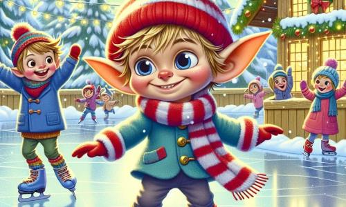 În centrul imaginii, un spiriduș mic pe nume Luca, cu urechi mari ascuțite și păr zburlit, patinează vesel pe o suprafață de gheață strălucitoare, un zâmbet larg iluminându-i fața. Poartă o căciulă roșie aprinsă și o eșarfă în dungi, în timp ce fulgii de zăpadă cad ușor în jurul lui, creând o atmosferă magică. În stânga, prietenul său Matei, un alt spiriduș cu păr blond și ochi strălucitori, îl încurajează ridicând brațele, având o expresie de bucurie și entuziasm. El poartă o haină albastră și mănuși colorate, stând aproape de o margine de gheață decorată cu ghirlande luminoase. Locul este o patinoar încântător în aer liber, înconjurat de brazi acoperiți de zăpadă și case din lemn cu acoperișuri acoperite de zăpadă, sub un cer albastru deschis presărat cu nori albi. Copiii râd și se joacă în fundal, adăugând la atmosfera festivă. Situația principală arată cum Luca, după ce a câștigat încredere, alunecă cu ușurință pe gheață, cu brațele desfăcute pentru a-și menține echilibrul, în timp ce fulgii de zăpadă dansează în jurul lui, surprinzând magia iernii și bucuria prieteniei.