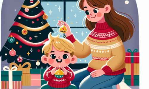 Een jongetje van 1 jaar, met blond haar en sprankelende ogen van vreugde, zit op de grond omringd door kleurrijk speelgoed. Hij glimlacht breed, verwonderd door de magie van Kerstmis, terwijl hij een klein en glanzend klokje in zijn handen houdt. Zijn moeder, een vrouw van ongeveer 30 jaar met bruin haar en zachte ogen, staat naast hem en glimlacht teder. Ze draagt een feestelijke rode trui en kijkt met liefde naar haar zoon terwijl ze lichtjes op de plaats danst. De scène speelt zich af in een warme woonkamer, versierd met een prachtige kerstboom, verlicht met schitterende slingers en kleurrijke ballen. Mooi ingepakte cadeaus liggen rondom de boom, en buiten vallen zachte sneeuwvlokken door het raam. Het jongetje ontdekt het magische klokje dat "Vrolijk Kerstfeest" zingt, en samen dansen ze vrolijk rond de boom, wat een feestelijke en blije sfeer creëert.