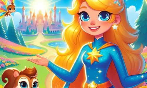 Al centro dell'immagine, Stella Luminosa, una supereroina, è rappresentata con lunghi capelli dorati, un sorriso caloroso e occhi pieni di determinazione. Indossa un costume blu decorato con stelle scintillanti e una cintura arancione che le conferisce poteri speciali. Si erge fiera, con le braccia aperte, pronta a portare luce e speranza. Accanto a lei, Pino, uno scoiattolo vivace con pelo marrone e occhi vivaci, si arrampica sulla sua spalla, guardando con curiosità. Più in là, Lina, una farfalla delicata con ali multicolori, vola intorno a loro, aggiungendo un tocco di magia. La scena si svolge in un parco luminoso di Lumilandia, pieno di fiori colorati e alberi maestosi, con un cielo blu brillante e il sole che illumina tutto. Sullo sfondo, si intravede un castello misterioso avvolto nella nebbia. La situazione principale mostra Stella Luminosa, determinata e coraggiosa, di fronte a un gruppo di ombre tristi che cercano di rubare i colori della città. Lei tende loro la mano, proponendo di condividere la luce invece di rubarla, illustrando il tema dell'amicizia e della generosità.