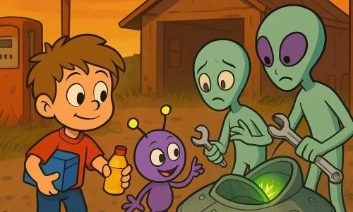 Un ragazzo di 6 anni, Leo, volto rotondo, capelli castano chiaro arruffati, occhi grandi e sorrisi timido, stringe una piccola scatola blu al petto e porge una bottiglia d'olio; accanto a lui un piccolo extraterrestre colorato chiamato Limi-lum, corpo rotondo violaceo con sei mani sottili e antenne luminose, mostra uno strumento argentato; due alieni più grandi, silhouette verde argentate con occhi violetti, riparano la nacella del vascello posando un tubo e una chiave inglese vicino a una botola aperta; la scena è davanti a una vecchia stazione di servizio abbandonata al crepuscolo — pompa arrugginita, insegna sbiadita, ghiaia, cassetta degli attrezzi aperta, lampione arancione acceso e erbe alte — atmosfera calda di tramonto dorato con bagliori verde fosforescente provenienti dall'astronave.