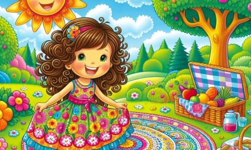 Ein 6-jähriges Mädchen, Lina, mit lockigem, braunem Haar, trägt ein buntes Blumenkleid. Sie hat ein großes Lächeln im Gesicht und strahlt vor Freude, während sie eine große gemusterte Decke in einem sonnigen Park ausbreitet. Neben ihr kommt ihre Mutter, eine etwa 30-jährige Frau mit langen kastanienbraunen Haaren und einem warmen Lächeln, mit einem Picknickkorb näher. Der Park ist grün, mit majestätischen Bäumen, bunten Blumen und einem blauen Himmel, der mit weißen Wolken durchzogen ist. Lina bereitet ein Überraschungs-Picknick für ihre Mutter vor, umgeben von frischen Früchten und köstlichen Keksen, bereit, den Muttertag mit Liebe und Glück zu feiern.