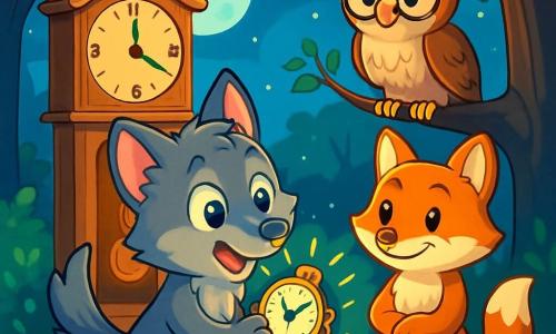 Ein kleiner Wolf namens Lupi, mit grauem Fell und neugierigen, glänzenden Augen, steht vor einer alten Holz-Uhr, aufgeregt und ein wenig nervös. Er schaut auf die leuchtende Uhr in seinen Pfoten, mit aufgerichteten Ohren und wedelndem Schwanz. Neben ihm sitzt eine weise Eule namens Professor Huhu, mit braunen Federn und runden Brillen, die Lupi ermutigend ansieht, während sie auf einem Ast sitzt. Sie wirkt zuversichtlich und bereit, den jungen Wolf auf seinem Abenteuer zu führen. Ein freundlicher Fuchs namens Felix, mit leuchtend orangefarbenem Fell und einem warmen Lächeln, steht etwas im Hintergrund, mit verschränkten Pfoten, und zeigt Unterstützung und Begeisterung. Er ist bereit, Lupi auf dieser Zeitreise zu begleiten. Die Szene spielt in einer verzauberten Lichtung, beleuchtet vom silbernen Mondlicht, umgeben von majestätischen Bäumen mit funkelnden Blättern. Bunte Blumen wachsen um sie herum, und eine sanfte Brise lässt die Blätter tanzen. Lupi, mit einer Mischung aus Aufregung und Angst, ist bereit, die magische Uhr zu aktivieren, während seine Freunde ihn ermutigen, den großen Sprung ins Unbekannte zu wagen.