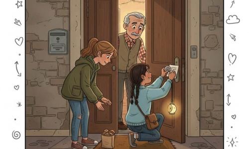 Hay tres personajes: Nora, ~11 años, coleta castaño claro, chaqueta caqui y vaqueros gastados, sostiene una bolsita de papel marrón con galletas frente a una puerta de madera; Lina, ~11 años, trenzas negras, jersey azul claro y bandolera con una pequeña linterna en forma de luna, agachada junto a Nora mientras pega una nota en la puerta con cinta y sonríe; y Ernesto, hombre de ~70 años, pelo cano y bigote fino, camisa a cuadros y chaleco, visible por el cristal o la puerta entreabierta al fondo, con la mano en el picaporte y expresión de sorpresa y gratitud. Escena en el rellano de un edificio al caer la tarde, luz cálida del crepúsculo, paredes de piedra, buzón metálico, felpudo gastado, guirnaldas luminosas y suelo de baldosa con huellas. Situación: las niñas dejan discretamente comida y una nota para el vecino mayor; la linterna emite luz amarilla tenue, sombras largas, ambiente íntimo y solidario durante el Ramadán.
