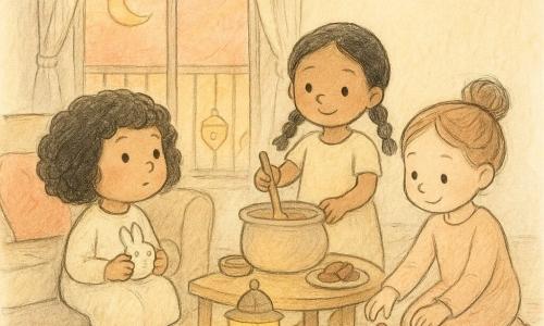 Three little girls, about three years old: on the left a curly-haired Black girl with a bob and chubby cheeks holding a small rabbit cup and looking curiously at the window; in the center a brown-skinned girl with two braided pigtails standing by the coffee table stirring a pot with a large spoon; on the right a fair-skinned girl with light brown hair in a bun arranging dates like small boats on a plate near a tray on the floor. They are in a warm living room at late afternoon with cream walls, a soft geometric rug, colorful cushions, a light wood coffee table and a small balcony window hung with golden lanterns like little moons; a pendant lamp is off. The three friends are waiting for sunset to break their fast, preparing and sharing dates and bread while a lantern on the table blinks gently like a happy little face, in a tender, calm pastel scene lit by orange-pink twilight.
