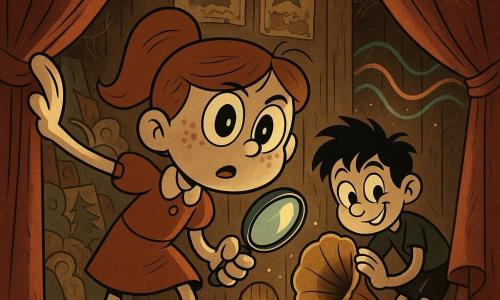 A 10-year-old girl with a round face, freckles, chestnut hair in a ponytail, large curious eyes and a determined, awed expression holds a shiny magnifying glass in her right hand and gently pushes aside an old curtain with her left; a mischievous 10-year-old boy with tousled black hair is crouched behind her at her right, wiping the horn of an old gramophone that is playing; the wooden backstage of an old theater—creaky floorboards, worn red velvet curtains, stacked painted backdrops, faded posters, fine cobwebs and dust lit in beams—reveals a small hidden door, with stylized colorful sound waves echoing from the gramophone across the walls, creating a mysterious yet warm atmosphere in a warm palette of brick red, gold and brown with blue-green shadow accents.