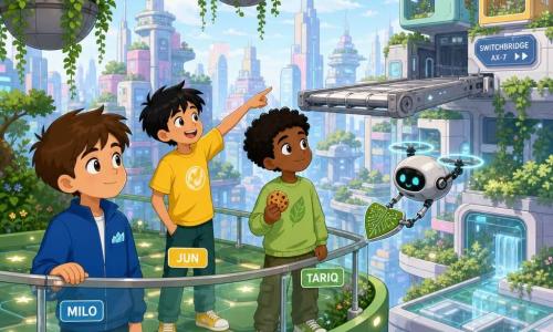Three boys, about 9 years old: Milo (short straight brown hair, clean blue jacket, folded square cloth in pocket) stands left foreground, touching a glass railing; Jun (messy black hair, bright yellow t‑shirt) stands center slightly back, smiling and pointing toward the bridge; Tariq (dark curly hair, light green sweatshirt) stands right near Jun holding a round cookie and watching a small maintenance drone hovering nearby. Location: suspended gardens of a futuristic city — a floating green platform with hanging shrub baskets, starry illuminated paving, small waterfalls in visible silver conduits beneath glass panels, a silver metal footbridge (Switchbridge) and transparent rails at the rear, soft pastel skyscrapers and stacked mobile modules in the background. Scene: the boys on the platform near the bridge retrieving a small leaf‑shaped chip held by the maintenance drone; soft midday light, calm orderly atmosphere, subtle background motion (sliding bridge, rearranging modules), bright flat‑design style with pastel contrasts, crisp shapes and simple silhouettes.