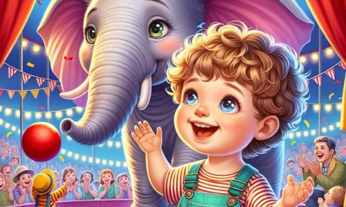 Een jongetje van 1 jaar met krullend haar en sprankelende ogen staat in het midden van het podium, glimlachend van verwondering terwijl hij naar een grote olifant genaamd Bella kijkt. Hij draagt een kleurrijke overall en een gestreept t-shirt, met zijn armen in de lucht van blijdschap. Bella, de olifant, is een majestueus grijs dier met grote oren en een expressieve slurf. Ze staat naast Tim te jongleren met een grote rode bal, haar ogen stralend van geluk. De locatie is een levendig circus, vol felle kleuren: gestreepte tenten in rood en geel, fonkelende lichten en verwonderde toeschouwers die op houten banken zitten. Confetti zweeft in de lucht, wat een feestelijke sfeer toevoegt. De belangrijkste situatie toont Tim en Bella, omringd door gelach en applaus, terwijl ze de terugkeer van de rode bal vieren, met Tim die vrolijk applaudisseert en Bella die om hem heen danst, wat een magisch en vrolijk moment in het hart van het circus creëert.