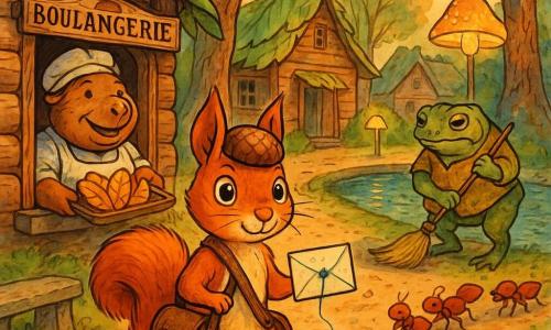 Tico, um esquilo carteiro curioso e determinado de pelagem ruiva, com uma alforje de couro e um gorro feito de avelã, segura entre as patas uma pequena carta branca dobrada e amarrada com um fio azul que treme; Dona Capivara, uma capivara padeira sorridente, aparece à janela da sua padaria de madeira com uma bandeja de pães dourados à esquerda; Senhor Sapo, um grande sapo verde sério, varre a margem de um espelho d'água com uma vassoura de junco à direita e atrás; uma fileira de formigas operárias vermelhas apressadas carrega migalhas perto de um banco de pedra; cenário: rua de um bairro florestal com calçada de terra, casas de troncos e telhados de folhas, padaria com placa entalhada, lago brilhante, postes de cogumelos luminosos e árvores de troncos nodosos; situação: Tico abre uma carta misteriosa no meio da rua, que treme, enquanto os moradores observam curiosos sob a luz suave da tarde que projeta sombras longas e quentes.