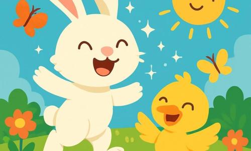 Um coelhinho chamado Bico, com grandes orelhas brancas e pelagem macia, salta alegremente em um jardim florido, seu rosto radiante de felicidade e excitação. Ao seu lado, um patinho amarelo vivo, chamado Quá-Quá, com um sorriso travesso, dança batendo as asas, seus olhos brilhando de alegria. O jardim está cheio de flores coloridas, borboletas voam ao redor, e um sol dourado brilha em um céu azul claro. Bico e Quá-Quá se preparam para uma aventura para 