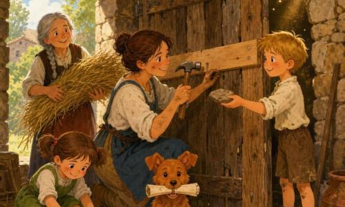 Amalia, rostro sonriente y concentrado, pelo castaño recogido en moño, manos algo sucias, sostiene un pequeño martillo de madera y clava una tabla nueva en la vieja puerta del establo; emoción: decidida y dulce. Marga, mujer de unos 60 años con trenza gris, mira agradecida desde la entrada del establo con un haz de paja; emoción: aliviada. Niño de unos 8 años, pelo rubio y rodillas sucias, ofrece una piedra plana a Amalia desde la derecha, sonriente. Niña de unos 6 años, pelo castaño en coletas y pequeño delantal verde, recoge clavos de una caja a la izquierda de Amalia. Rubio, pequeño perro rojizo en primer plano con orejas erguidas, trae una nota enrollada en el hocico. Lugar: viejo establo de piedra de muros gruesos, texturas rugosas, rayos dorados de sol entrando por huecos, herramientas colgadas y paja en el suelo; tonos cálidos y terrosos. Situación: reparación colaborativa de la puerta, escena cálida y ordenada con gestos precisos, polvo ligero en la luz y ambiente de comunidad y ayuda mutua.