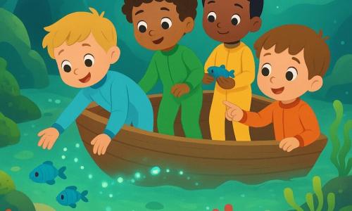 Quatro meninos de 4 anos em um pequeno barco de madeira numa enseada submarina fosforescente: um loiro de cabelo em escova com roupa de mergulho azul-claro à frente estende a mão aos peixes; um moreno encaracolado de roupa verde ao centro observa luzes bioluminescentes; um de cabelos negros e lisos de roupa amarela na popa liberta um peixinho preso nas algas; um castanho-claro de roupa laranja aponta uma trilha de pequenas luzes azuis na borda. Água turquesa, rochas com algas verdes, coral colorido e areia dourada; bolhas sobem e pequenas ondas brilham. As crianças seguem um caminho luminoso sobre o recife, ajudam peixes presos e observam um redemoinho de cores, atmosfera suave, segura e cheia de encanto.