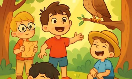 Es gibt vier Kinder: Max, ein 8-jähriger Junge mit zerzausten braunen Haaren, trägt ein rotes T-Shirt und eine blaue Shorts. Er steht in der Mitte, mit offenen Armen und einem breiten Lächeln, bereit zu erkunden. Leo, ein 9-jähriger Junge mit runden Brillen und blonden Haaren, trägt ein kariertes Hemd und eine beige Hose. Er steht etwas im Hintergrund, hält eine Schatzkarte und sieht nachdenklich aus. Finn, ein 7-jähriger Junge mit schwarzen Haaren und Sommersprossen, trägt ein grünes T-Shirt und eine orange Shorts. Er hockt und beobachtet eine kleine Ameise auf dem Boden, mit einem neugierigen Blick. Tom, ein 8-jähriger Junge mit kastanienbraunen Haaren und einem Strohhut, trägt ein hellblaues T-Shirt und eine kurze Hose. Er sitzt auf einem Baumstumpf, lacht begeistert und schaut seine Freunde an. Der Ort ist eine wunderschöne Lichtung im Herzen eines verzauberten Waldes, umgeben von majestätischen Bäumen mit dicken Stämmen und sanft tanzenden grünen Blättern. Bunte Blumen bedecken den Boden, und ein sanfter Sonnenstrahl filtert durch die Äste und schafft leuchtende Muster auf dem Gras. Die Hauptsituation zeigt die vier Freunde, die einen alten Falken auf einem Ast entdecken, der sie mit weisen Augen beobachtet. Sie sind alle fasziniert, tauschen neugierige und aufgeregte Blicke aus und sind bereit, den Geschichten zuzuhören, die der Falke über die Geheimnisse des Waldes erzählen könnte.