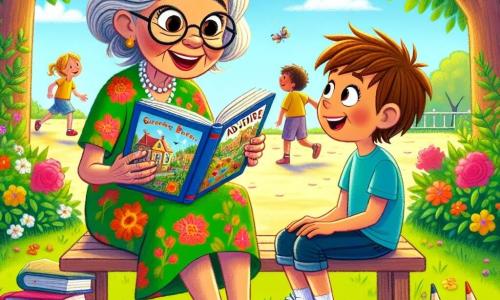 Frau Müller, eine ältere Frau mit grauen Haaren und runden Brillen, sitzt auf einer Bank in einem sonnigen Park. Sie trägt ein buntes Blumenkleid und hat ein warmes Lächeln im Gesicht, das ihre Leidenschaft für das Unterrichten zeigt. Sie liest ein Buch mit Abbildungen von Abenteuern, umgeben von offenen Büchern und bunten Stiften. Neben ihr sitzt Tim, ein 8-jähriger Junge mit unordentlichen braunen Haaren und einem blauen T-Shirt, dessen Augen vor Aufregung leuchten. Er schaut aufmerksam zu Frau Müller, hört ihren Geschichten mit einem großen Lächeln zu, die Hände auf den Knien. Der Park ist voller grüner Bäume, bunter Blumen und eines klaren blauen Himmels. Kinder spielen in der Ferne, was der Szene eine fröhliche Atmosphäre verleiht. Die Hauptsituation zeigt Frau Müller, die ihre Leidenschaft für das Lernen mit Tim teilt, ihm Abenteuergeschichten erzählt und ihn ermutigt, Fragen zu stellen und groß zu träumen.