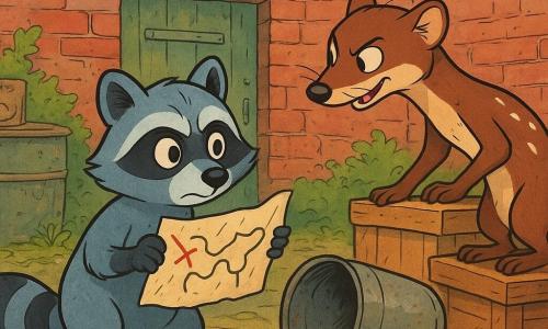 Ein kleiner Waschbär (Hauptfigur) mit graublauem Fell und klaren schwarzen Gesichtszügen, runden glänzenden Augen, neugierig und leicht entschlossen, hält ein zerknittertes Handtuch mit einer in Rot und Schwarz gezeichneten Karte und schiebt mit einer Pfote eine umgestürzte Gießkanne; rechts auf einer Holzkiste steht ein schlanker Marder (Flitz) mit braunem Fell und weißen Flecken, schelmischem, ungeduldigem Blick, zum Waschbär geneigt, als wolle er eine Idee zuflüstern; im Hintergrund ein Stadtgarten hinter alten roten Backsteinmauern, eine abgeblätterte grüne Schuppentür, eine Wäscheleine mit bunten Klammern und ein leicht verrostetes Regenfass, nasse Blätter und Moos auf den Steinen; sanftes Morgenlicht, glänzende Wassertropfen, feuchte Texturen, warme leicht pastellige Farbpalette; Hauptsituation: der Waschbär entdeckt die unter der Gießkanne versteckte Karte und bereitet sich vor, den drei eingezeichneten Wegen zu folgen — ein entschiedener, abenteuerverheißender Moment; mittige Komposition auf beide Tiere in Halbnah, leichtes Vogelperspektive, klare Linien und scharfe Konturen im Stil der franko-belgischen Comictradition.