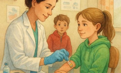 Dr. Mira, a gentle, focused woman doctor with brown hair in a bun, wearing a slightly wrinkled white coat and blue gloves, slowly and carefully applies a colorful bandage to a scraped elbow while 12‑year‑old Saffy—wearing a bright green hoodie and a light brown ponytail—sits relieved and a little proud holding her bandaged arm; 10‑year‑old Eli in a red jacket watches from a stool in the background with slightly wheezy breathing. The small, warm consultation room has pastel walls, health posters, a wooden shelf with instrument boxes, a medical cart with a silver stethoscope, a lamp angled at the exam table, soft window light with a patterned curtain, and a calm, educational atmosphere rendered in soft watercolor textures with visible details like a multicolored bandage box and shiny antiseptic gel.